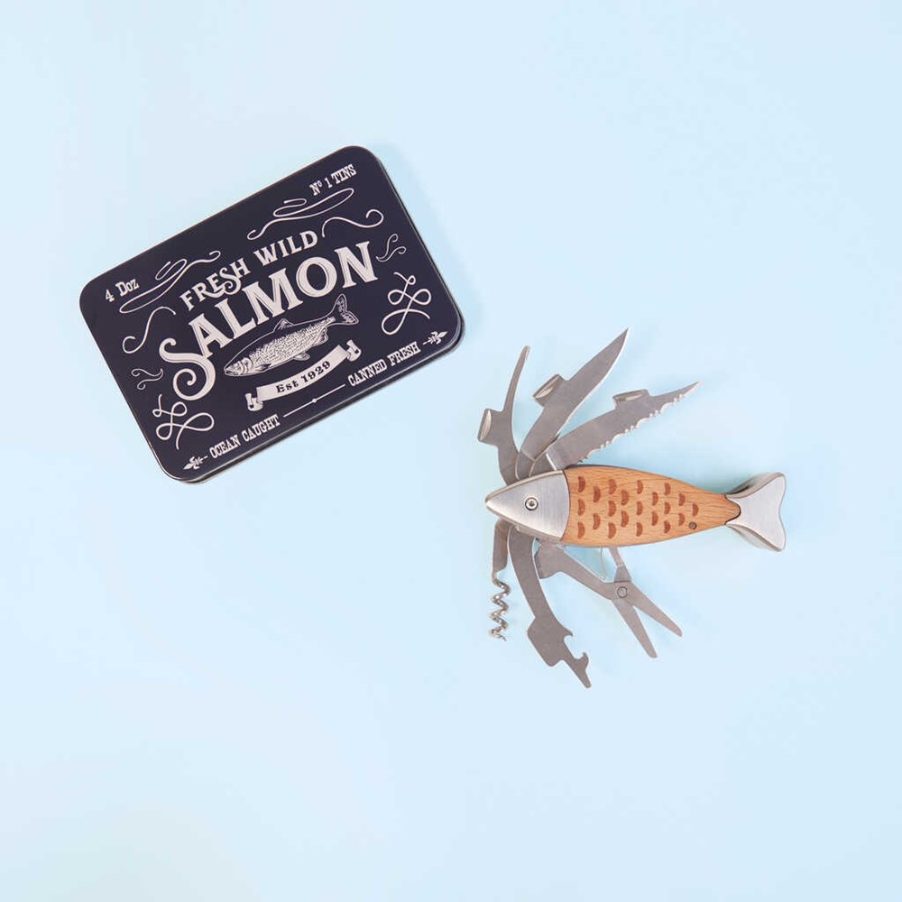 Multitool,Salmon,metalen doos,hout,metaal